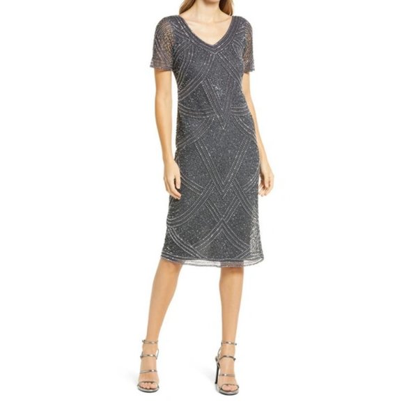Pisarro Nights Dresses & Skirts - Pisarro Nights NWT Beaded Mesh Column Gown Size 10 in Slate